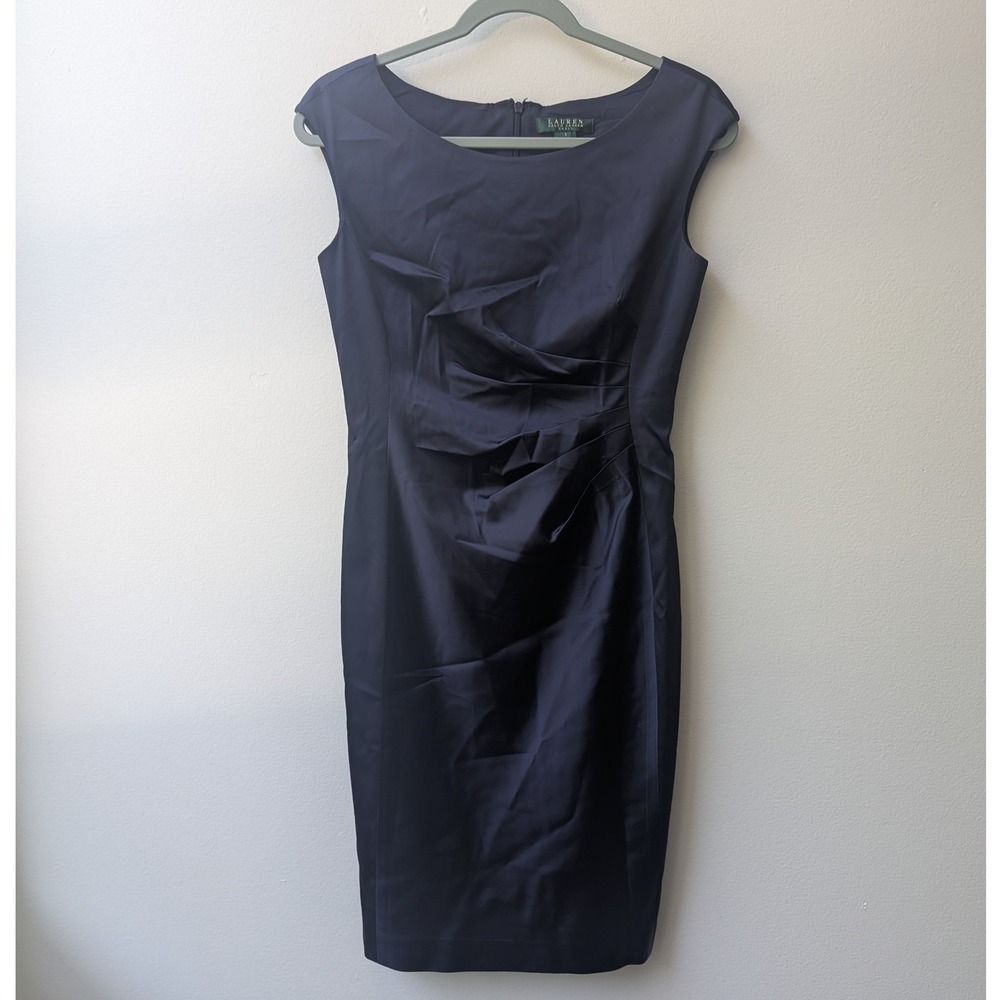 Lauren Ralph Lauren Satin Sheath Dress Navy Blue Ruched Sleeveless Sz 8 Chic